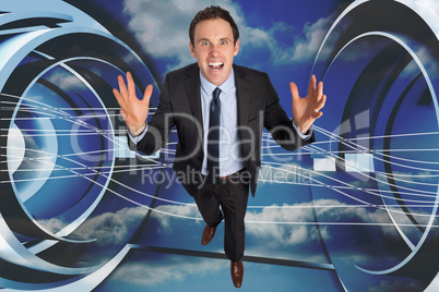 Composite image of stressed businessman gesturing