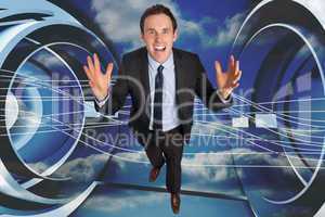 Composite image of stressed businessman gesturing