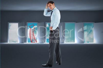 Composite image of thoughtful businessman with hand on head