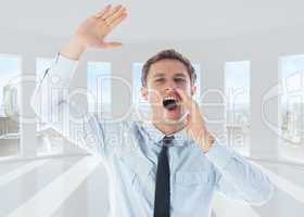 Composite image of businessman shouting and waving