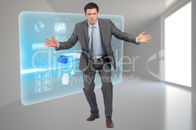 Composite image of businessman standing with arms out