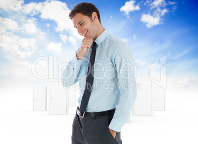 Composite image of thoughtful businessman with hand on chin Composite image of thoughtful businessman with hand on chin