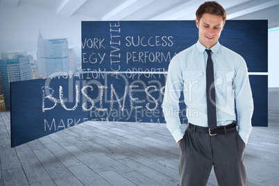 Composite image of smiling businessman standing with hand in poc