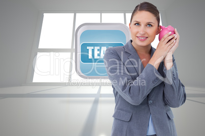 Composite image of smiling bank clerk shaking piggy bank