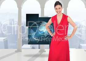 Composite image of happy elegant model in red dress posing