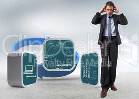 Composite image of stressed businessman with hands on head