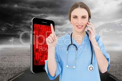 Composite image of pretty woman doctor phoning and pointing with