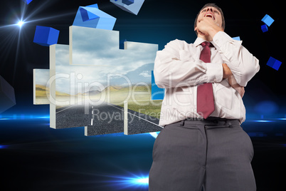 Composite image of thoughtful businessman with hand on chin