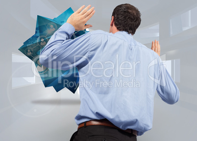 Composite image of businessman posing with arms raised