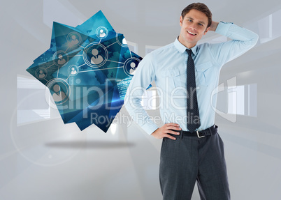 Composite image of thinking businessman with hand on head