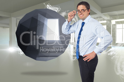 Composite image of thinking businessman tilting glasses