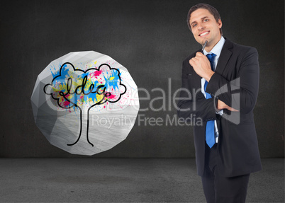 Composite image of thinking businessman holding pen