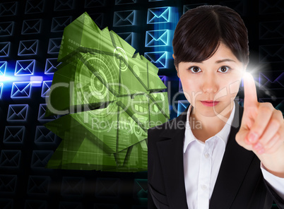 Composite image of focused businesswoman pointing