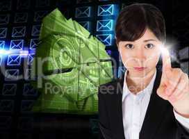 Composite image of focused businesswoman pointing