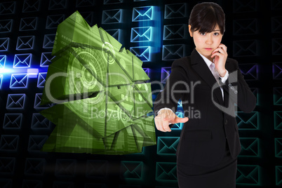 Composite image of thoughtful businesswoman pointing