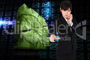 Composite image of thoughtful businesswoman pointing