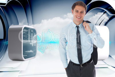 Composite image of smiling businessman holding his jacket