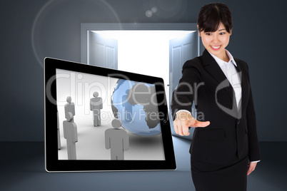 Composite image of smiling businesswoman pointing