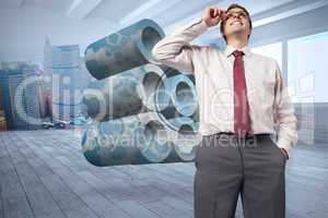 Composite image of thinking businessman touching his glasses