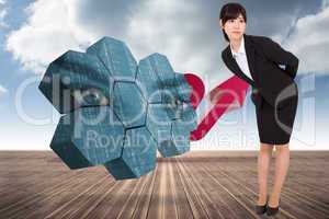 Composite image of serious businesswoman bending