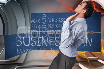 Composite image of businessman standing with arms pushing up