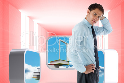 Composite image of thinking businessman with hand on head