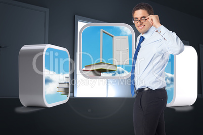 Composite image of thinking businessman tilting glasses