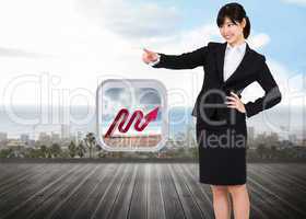 Composite image of smiling businesswoman pointing