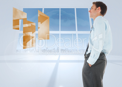 Composite image of happy businessman standing with hand in pocke