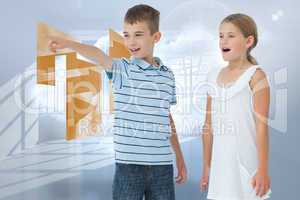 Composite image of young boy showing something to his sister