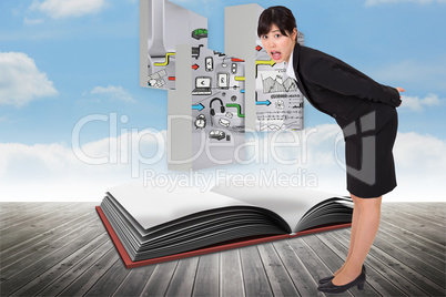 Composite image of surpised businesswoman bending