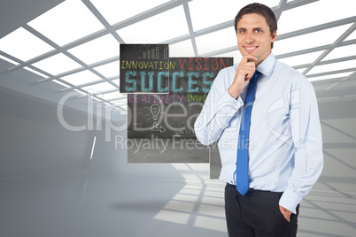 Composite image of thinking businessman touching his chin