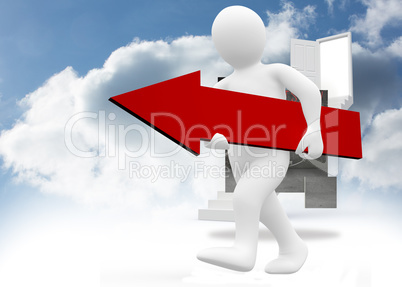 Composite image of white character holding red arrow