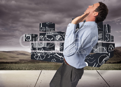 Composite image of businessman standing with arms pushing up