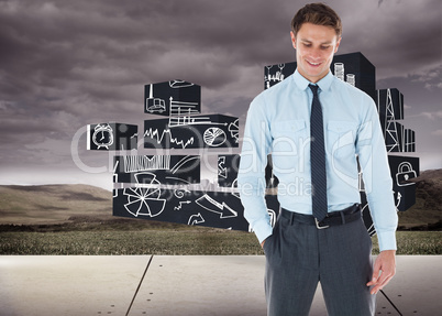 Composite image of smiling businessman standing with hand in poc