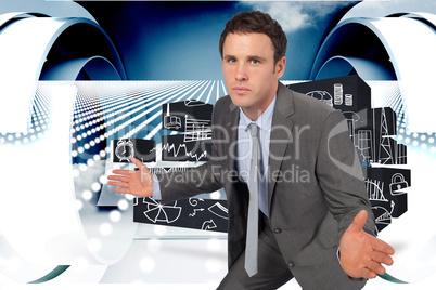 Composite image of businessman posing with hands out