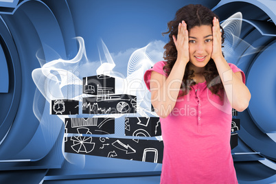 Composite image of cute brunette having headache