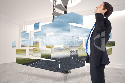 Composite image of thinking businessman scratching head