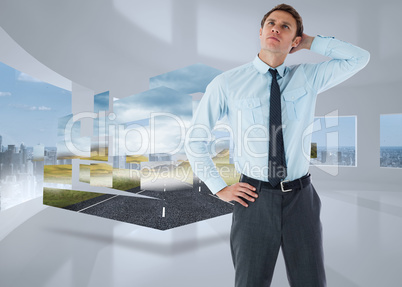 Composite image of thoughtful businessman with hand on head