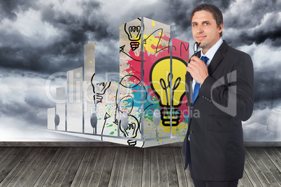 Composite image of thinking businessman holding glasses