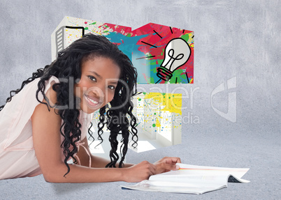 Composite image of a woman lying on the floor smiling at the cam