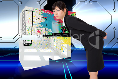 Composite image of serious businesswoman bending