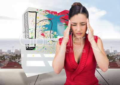 Composite image of sexy tied haired brunette having headache