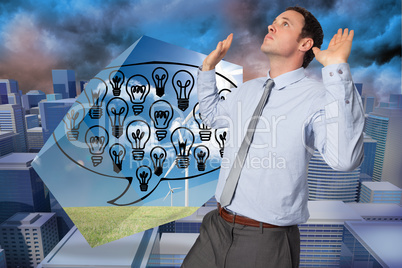 Composite image of businessman standing with arms pushing up