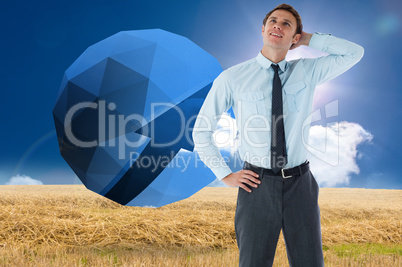 Composite image of thinking businessman with hand on head