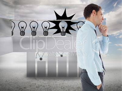 Composite image of thoughtful businessman with hand on chin