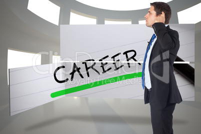 Composite image of thinking businessman scratching head Composite image of thinking businessman scratching head