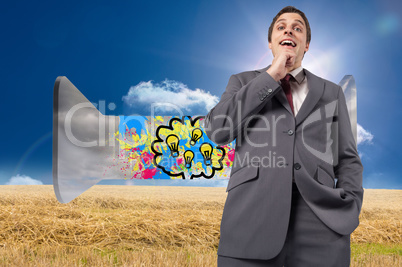 Composite image of thoughtful businessman with hand on chin