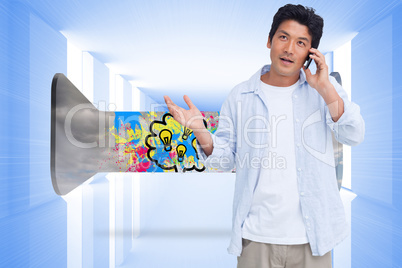 Composite image of clueless male on his cellphone