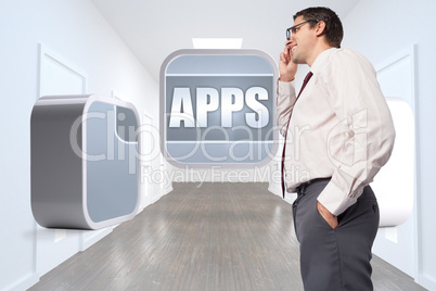 Composite image of thinking businessman touching his glasses